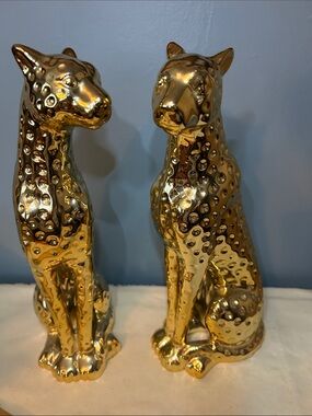 Pair of Gold 13” TALL Painted Resin/ ceramic Leopard  Cougar Cheatas Sculptures